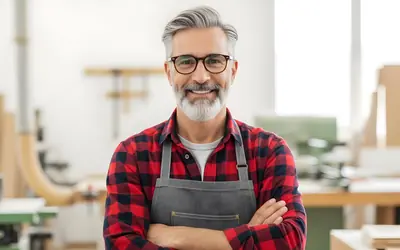 Artesano autónomo sonriente en su taller de carpintería