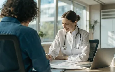 Doctora conversa con un paciente en la consulta