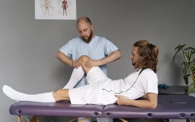 Physiotherapist treating a patient's knee on a treatment table