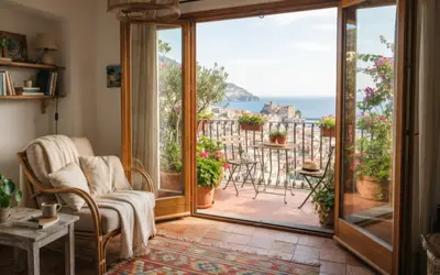 Bright living room opening onto a sea-view terrace