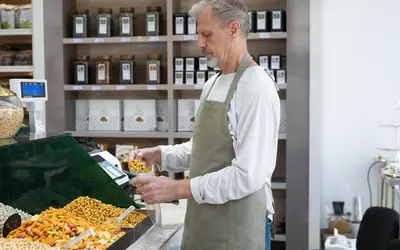 Shopkeeper working behind the counter of his shop
